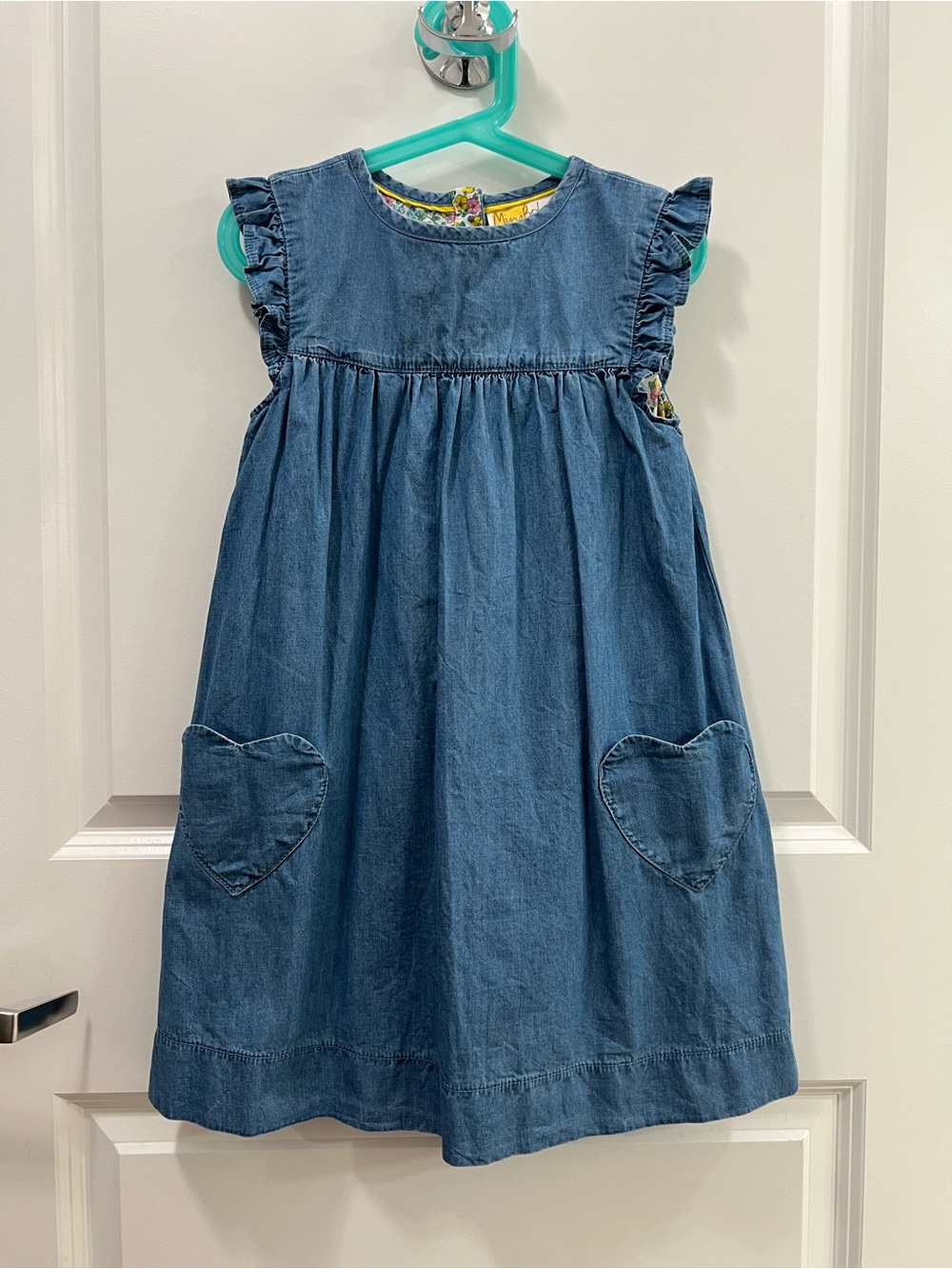 Mini Boden Denim Dress with Heart Pockets Size 6-7